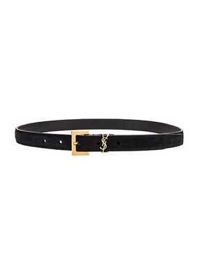 Saint Laurent Black Suede Logo Belt with Gold Buckle. Like new! 95cm